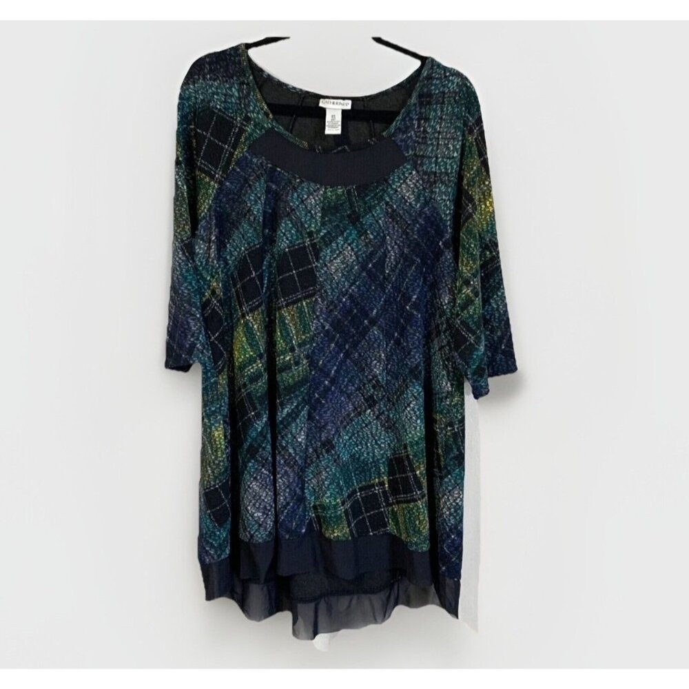 Catherines Black Mixed Plaid Top Womens 0X Bottom Sheer Neck Shirttail Whimsgoth